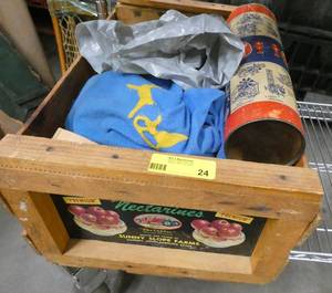 Nice vintage Nectarine crate full of vintage wood blocks and tinkertoys