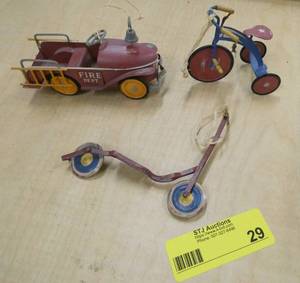 3 vintage tree ornaments all metal, fire dept pedal car, old trike, scooter