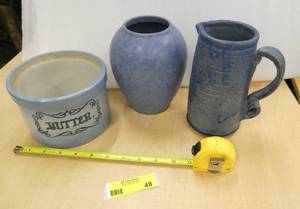 3 pieces of blue pottery, pitcher, vase and butter bowl