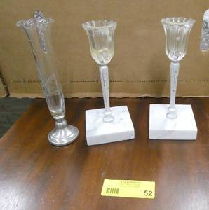 2 Unique Candle holders and a etched rosebud  vase
