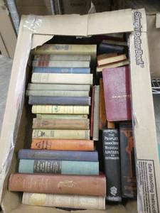 Box full of antique books - Iliad, 1901 Parlor games, Mark Twain, Zane Grey, The Yearling, Tom Sawyer and Huck Finn