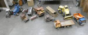 Large box full of outdoor toys - Tonka loader and dump truck, tractors, semis, all in fair condition, see pictures