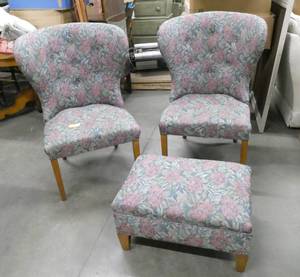 Nice set of 2 upholstered chairs and ottoman with faint rose design, very good condition
