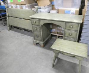 Painted wood bedroom set - desk, bed frame with head and foot board, 5 drawer dresser, solid wood, all the drawers slide nicely, painted a washed green color