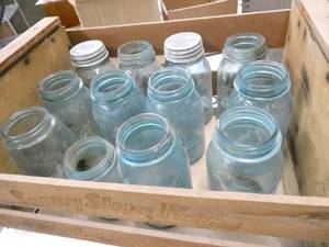 Nice wood crate full of 12 blue Ball Quart jars in good condition