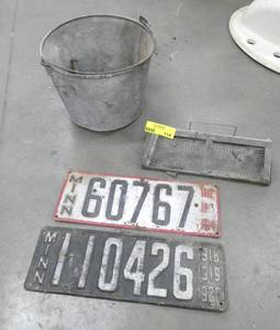 2 Antique Minnesota license plates 1912 and 1918, a fold down trap and old pail
