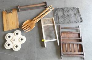 A group of primitives, washboard,  a rotating lazy susan, towel holder, 2 fold out magazine holders