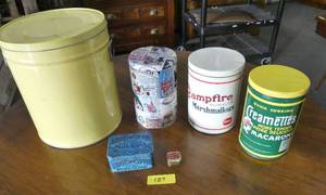 A group of tins from tobacco to marshmallows