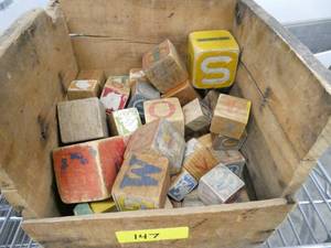 Old ABC blocks in a Standard Oil Co. crate