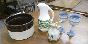 Group of pottery, nice crock, pitcher and wine glasses