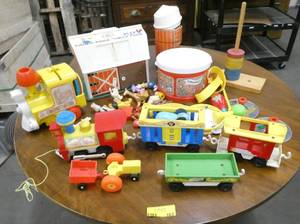 Large group of Fisher Price toys, Barn, Circus Train, Casey Jones train, and Music collection