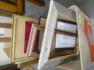 Large box full of picture frames, glass, mats, all sizes