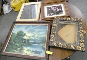 Group of 4 vintage or antique frames and pictures.  The glass in the big picture is so old it has bubbles in it, looks like 1904. Picture is in good shape but does have a water stain in the top right corner.