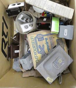 Big box full of electrical items, outlets, outlet boxes, wire, cover plates