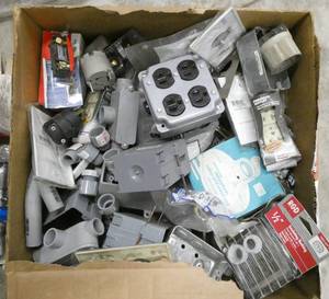 Big box full of electrical items, outlets, outlet boxes, wire, cover plates