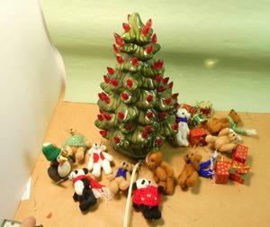 Ceramic Light up Christmas tree and a bunch of bears and presents