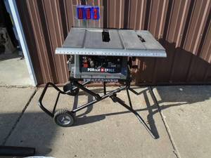 10 Porter Cable portable saw. Used condition. Missing throat platefenc & miter. Tested & works. As shown.