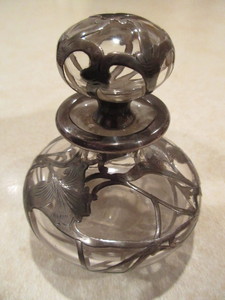 ART NOUVEAU PERFUME BOTTLE WITH STERLING SILVER OVERLAY