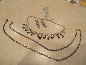 VINTAGE, SIGNED, SP WLIND RHINESTONE NECKLACE, RHINESTONE BELT AND EARRINGS, CRYSTAL ANGEL
