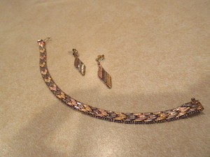 VINTAGE, ITALIAN,  TRI COLOR GOLD OVER STERLING SILVER BRACELET AND EARRINGS