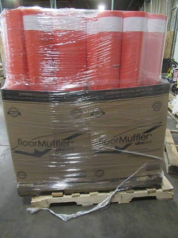 lot 396 image: Pallet of FloorMuffler (24 Rolls)100 sq. ft. 48 x 25 x 0.08 (4 Rolls) 600 sq. ft. 48 x 150 x 0.08 - 4800 Sq. Ft Total - Underlayment for Engineered, Hardwood and Laminate Floors. Low Reserve of $1,000.00.