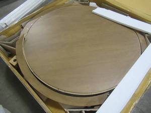 lot 405 image: Aberwood Patina Oak Finish Wood Round Dining Table Top, Seats 4 (54 in Dia.) - Outer Edge is crackedbroken and needs repair.