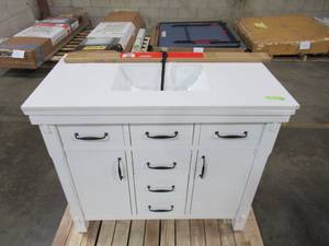lot 338 image: Home Decorators Collection. Bellington 42 in. W Bath Vanity in White with Engineered Stone Vanity Top in White with White Basin - Cracked Top.