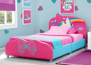 lot 366 image: JoJo Siwa Upholstered Twin Bed by Delta Children, BB144OJS - Carton Damage - Parts Look to be in Nice Condition.