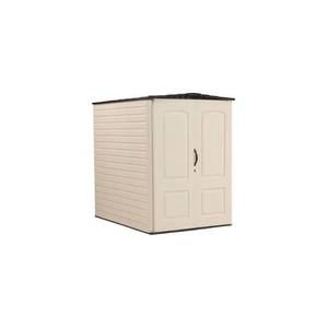 lot 455 image: Rubbermaid 6 ft. 4 in. x 4 ft. 7 in. x 6 ft. 5 in. Tall, Large Vertical Resin Storage Shed, FG5L3000SDONX - Some Damage on top (Dent Wall).