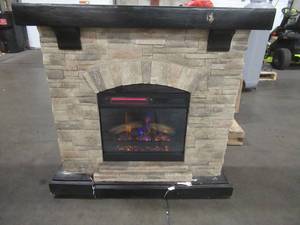 lot 378 image: Pembroke 40 in. Freestanding Faux Stone Infrared Electric Fireplace With Remote in Tan with Mantel - Cracked Base.
