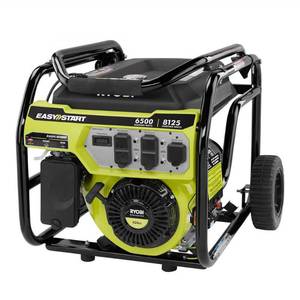 lot 8 image: Ryobi 6,500-Watt Gasoline Powered Portable Generator with CO Shutdown Sensor, RY906500S - StartsRuns Well - Missing 1 Wheel..