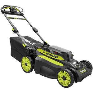 lot 9 image: Ryobi 20 in. 40-Volt Lithium-Ion Battery Brushless Cordless Walk Behind Self-Propelled Lawn Mower - Battery and Charger not included - Has key and bag. Light Turned On - Would Not Run - Used.