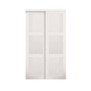 lot 459 image: Truporte 60 in. x 80 in. 2030 Series White 3-Lite Tempered Frosted Glass Composite Sliding Door, 2030.