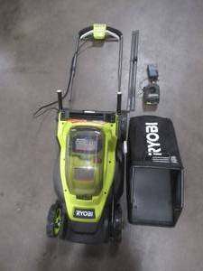 lot 15 image: Ryobi ONE 18V 13 in. Cordless Battery Walk Behind Push Lawn Mower , P1108BTLVNM - Missing Nuts to Attach Handle.- Starts and Runs.
