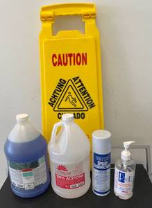 lot 37 image: Lot of Sanitizing Cleaners and Caution Tripod
