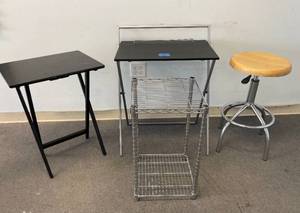 lot 39 image: WoodMetal Adjustable Height Swivel Stool and Side Tables
