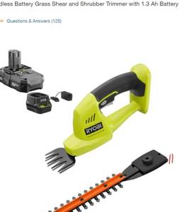 RYOBI ONE 18V Cordless Battery Grass Shear and Shrubber Trimmer with 1.3 Ah Battery and Charger