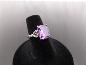 lot 39 image: .925 Sterling Silver Emerald Cut Amethyst Crystal Ring Size 6