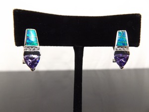 lot 85 image: .925 Sterling Silver Opal and Amethyst Crystal Hinged Latch Post Earrings
