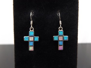 lot 86 image: .925 Sterling Silver Inlayed Opal Cross Dangle Hook Earrings
