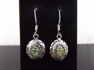 lot 90 image: .925 Sterling Silver Green Dichroic Glass Dangle Hook Earrings
