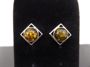 lot 92 image: .925 Sterling Silver Amber Cabochon Post Earrings
