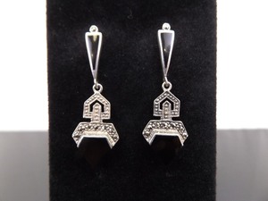 lot 97 image: .925 Sterling Silver Art Nouveau Black Onyx Dangle Post Earrings
