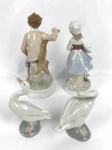 lot 150 image: 2 Lladro Geese Figurines & 2 Porcelain Figurines