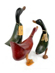 lot 156 image: 3 Hand-Carved Wooden Ducks by Dcuk Ducks- Woodstock Environments