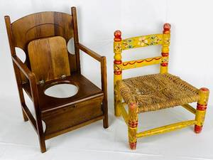 lot 157 image: Unique Antique Wood Childs Potty Chair and Antique Hand-Painted Kiddie Chair