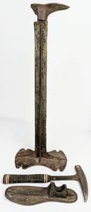 lot 27 image: A Lot of Country Charm Vintage Milk Stool, Cobbler Tools, Wood Decor, Tablecloth, & Cookie Cutters