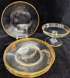 lot 42 image: Dessert Decadence Gold-Rim Plate Set, Lenox Servers, and Romanian Port  Sherbet Blown Glasses