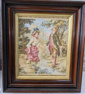 lot 46 image: Two Framed Tapestries - Baroque Provincial Courtship Textile Scenes