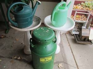 lot 10 image: John Deere painted milk can with 2 ...